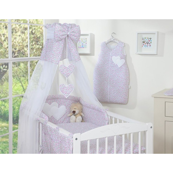 Set lenjerie de pat 5 piese, Bobono, colectia Inimioare, protectie inalta, baldachin, alb-roz, 100x135cm