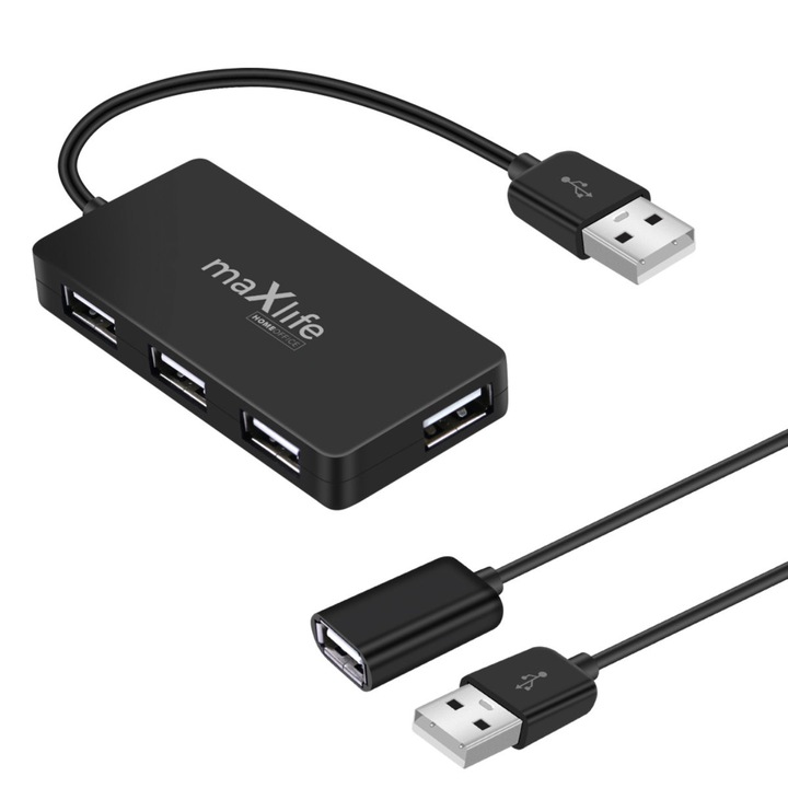 Hub USB 2.0 MaXlife cu 4 Porturi, Cablu Extensie 1.5m, pentru Home Office, Laptop, Desktop