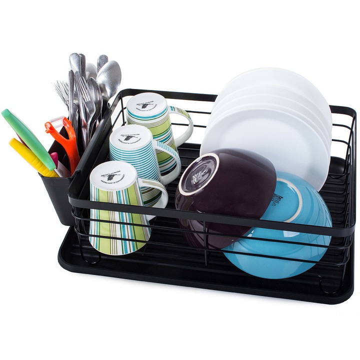 Suport de vase Verk, metalic negru, mare, cu tava de scurgere si suport tacamuri, 42x32x15cm