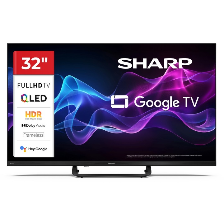 Телевизор Sharp 32HF3865E, 32" QLED Google TV, FHD 1920x1080 Frameless, 1 000 000:1, DVB-T/T2/C/S/S2, HDR10, Speaker 2x8W, Dolby Digital, Google Cast, 3xHDMI (ARC/CEC), CI+, 3.5mm Headphone jack / line-out, lan, 2xUSB, Wi-Fi, Bluetooth, Mini Com 32HF3865E