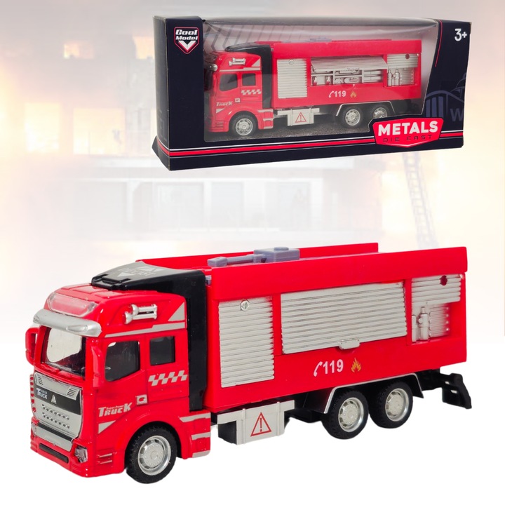 Masina de Pompieri 2 scari, LuckyLu®, Pull-back, scari 12.5 cm, metal si plastic, 1:48, rosu, 19 x 8 x 5.4 cm