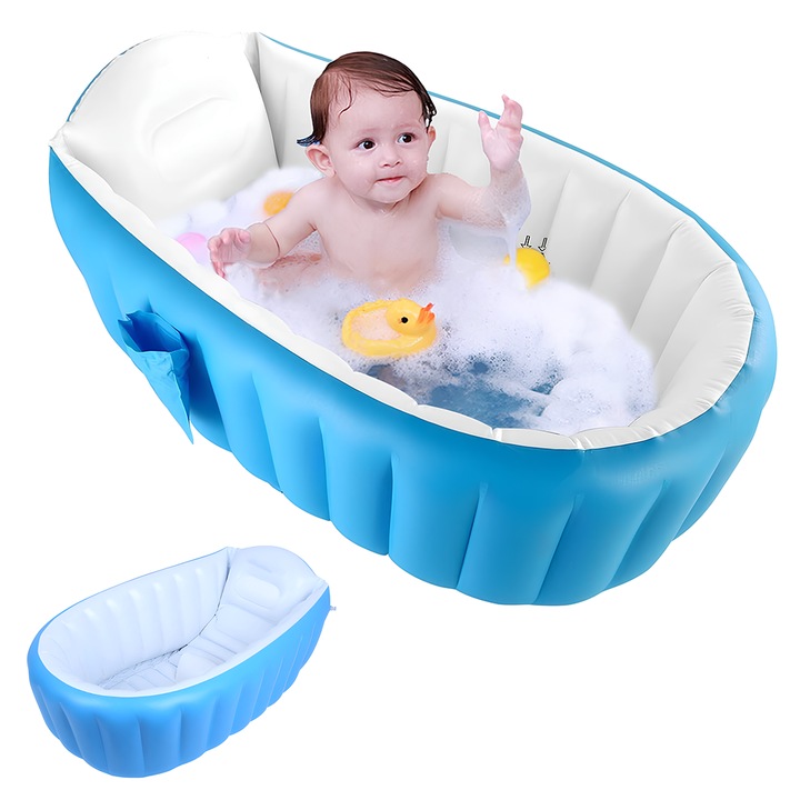 Teno® Надуваема бебешка кошара, отвори за оттичане на водата, джоб, възглавница, подложка против приплъзване, сгъваема, ергономичен дизайн, 98 x 65 x 28 cm, синя