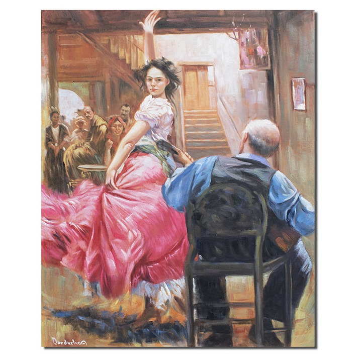 Tablou tanara dansand in ritm de chitara pictat manual, Flamenco de Andalucia, 90x70cm ulei pe panza de in, Mircea Iordache