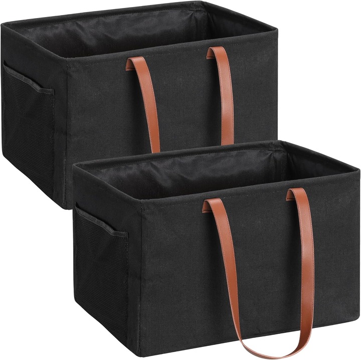 Set 2 cosuri de rufe pliabile Navaris, portabile, cu manere, 43.2 x 31 x 28 cm, pentru depozitare haine, jucarii, textile, Negru