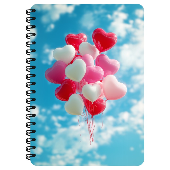 Agenda A5, Baloane Rosii In Forma De Inima Pe Cer, Coperta Mdf, Spira Metalica, 130 Pagini