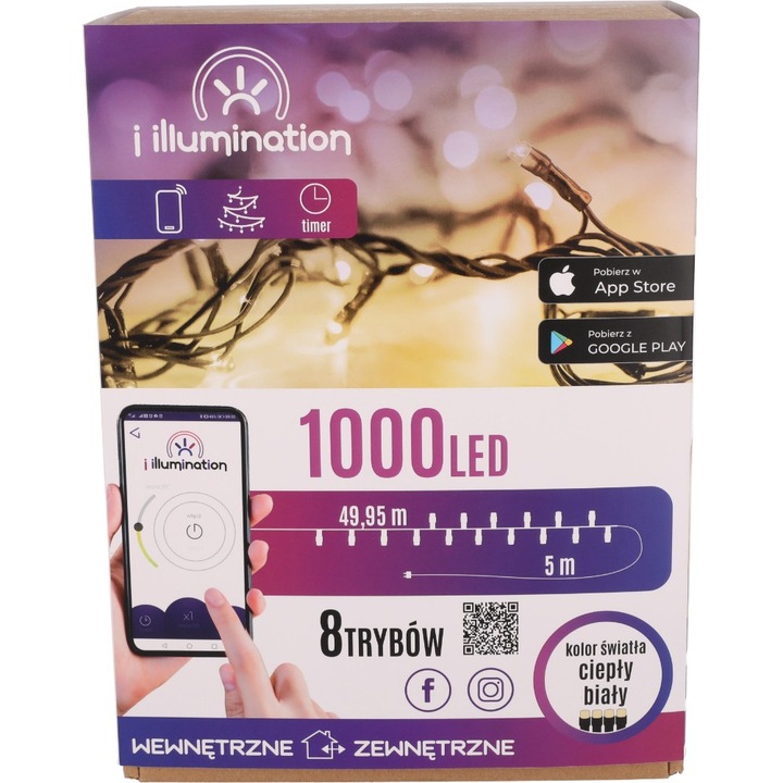 Instalatie de Craciun, JUMI, 1000 LED-uri, alb cald, control prin aplicatie