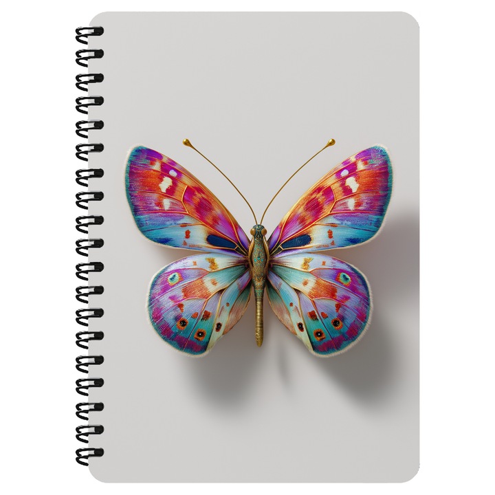 Agenda A5, Fluture Multicolor, Coperta Mdf, Spira Metalica, 130 Pagini