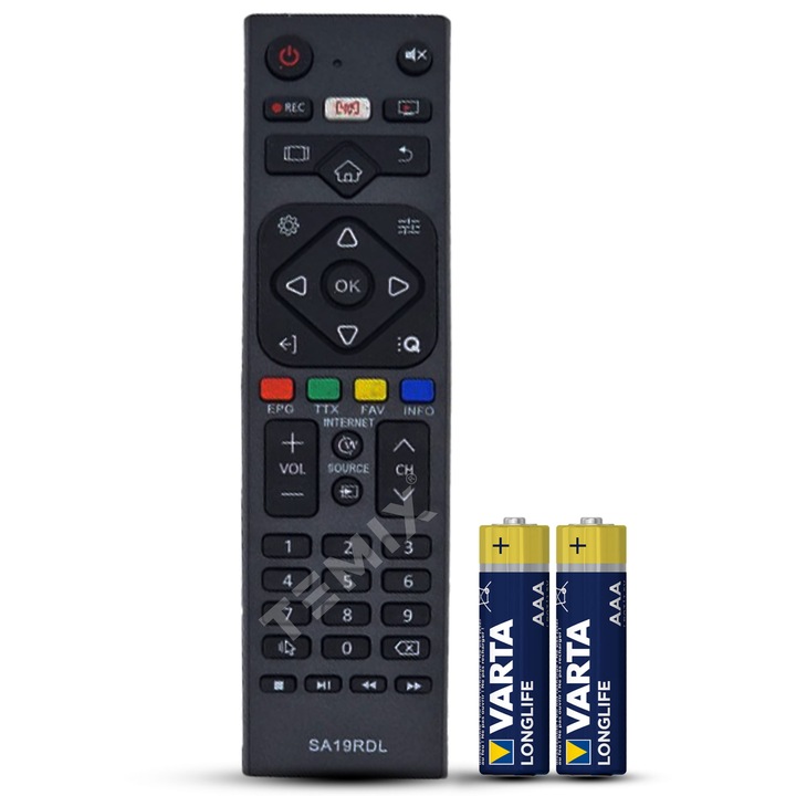 Telecomandă TEMIX compatibilă cu televizoare Orion, design ergonomic, neagră, baterii incluse