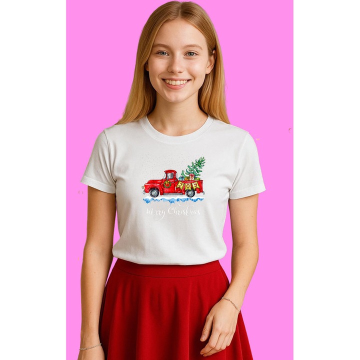 Tricou Camion Rosu Cu Brad Verde Craciun, Dama, 100% Bumbac, Cri-Flo, Culoare Alb, Marime XS