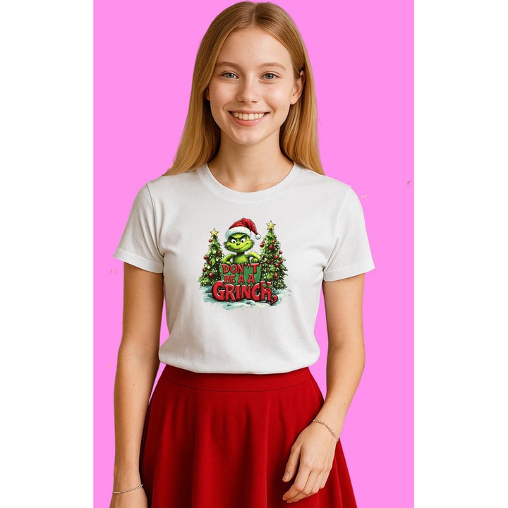 Tricou Grinch Cu Brazi Si Text Dont Be A Grinch Craciun, Dama, 100% Bumbac, Cri-Flo, Culoare Alb, Marime XS