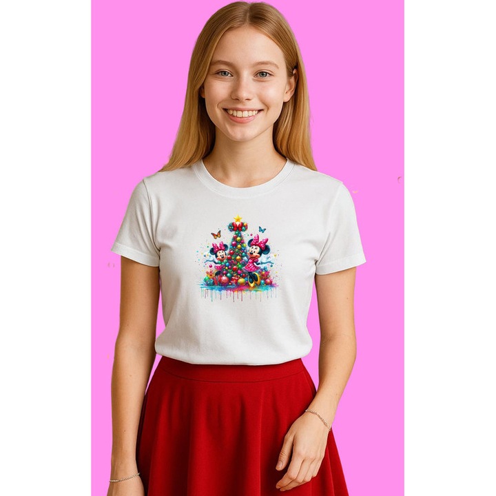 Tricou Mickey Si Minnie Acuarela Cu Brad Craciun, Dama, 100% Bumbac, Cri-Flo, Culoare Alb, Marime M