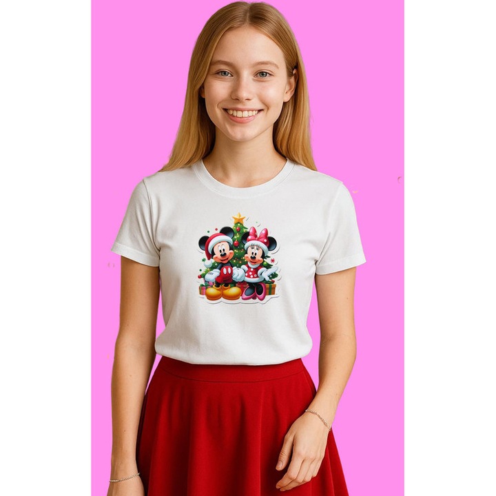 Tricou Mickey Si Minnie Langa Brad Craciun, Dama, 100% Bumbac, Cri-Flo, Culoare Alb, Marime XL
