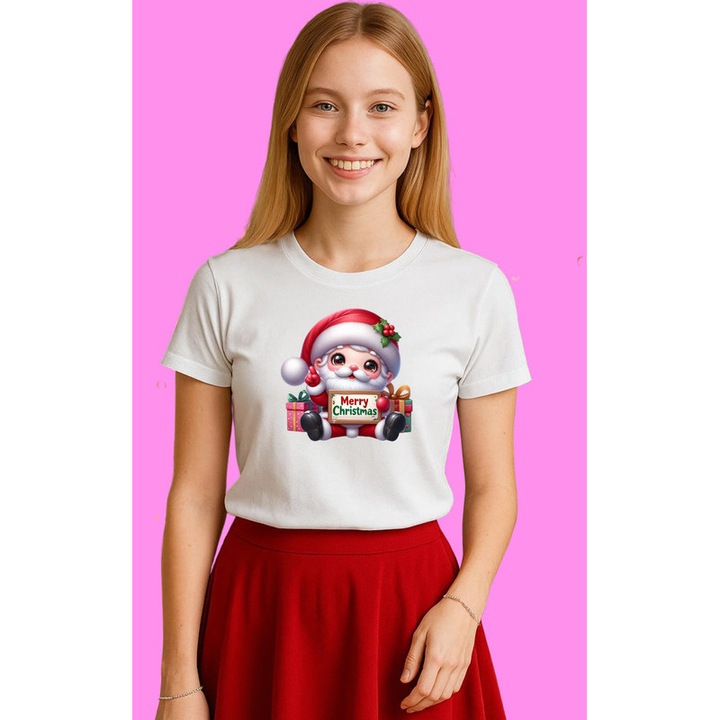 Tricou Mos Craciun Bebe Cu Mesaj Merry Christmas Craciun, Dama, 100% Bumbac, Cri-Flo, Culoare Alb, Marime S