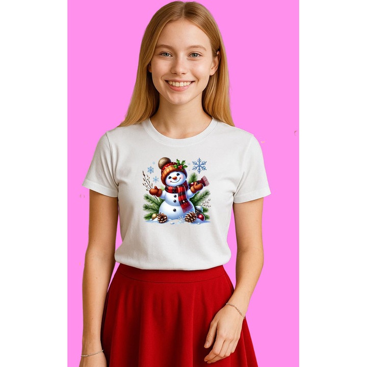 Tricou Om De Zapada Cu Conuri De Brad Craciun, Dama, 100% Bumbac, Cri-Flo, Culoare Alb, Marime M
