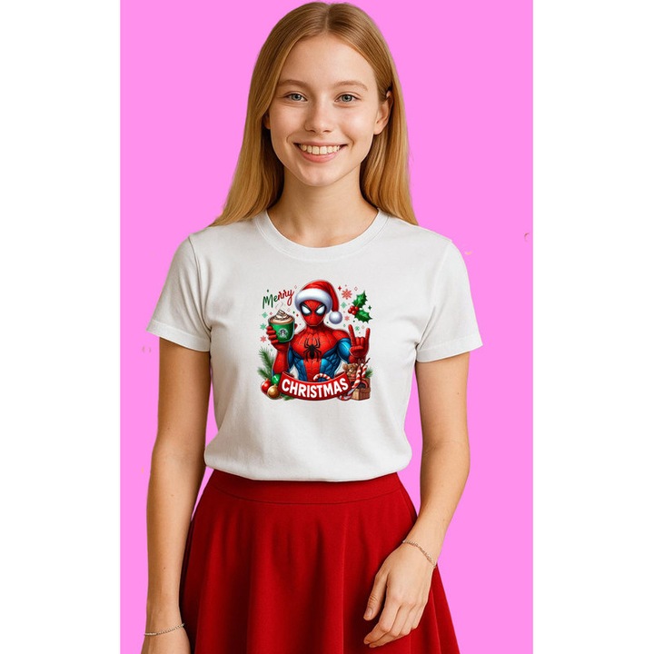 Tricou Spiderman Cu Brad Si Cadouri Craciun, Dama, 100% Bumbac, Cri-Flo, Culoare Alb, Marime L