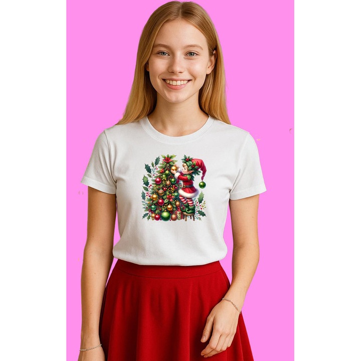 Tricou Spiridus Langa Brad Impodobit Craciun, Dama, 100% Bumbac, Cri-Flo, Culoare Alb, Marime XS