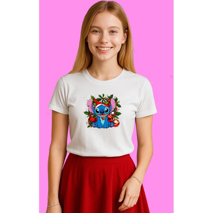 Tricou Stitch In Coronita De Brad Craciun, Dama, 100% Bumbac, Cri-Flo, Culoare Alb, Marime 2XL