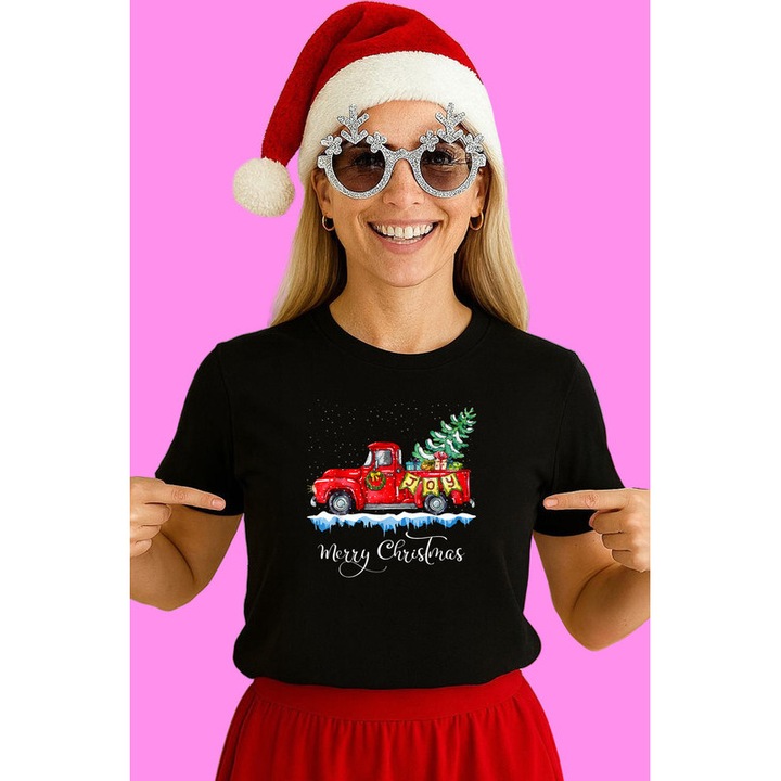 Tricou Camion Rosu Cu Brad Verde Craciun, Dama, 100% Bumbac, Cri-Flo, Culoare Negru, Marime XL