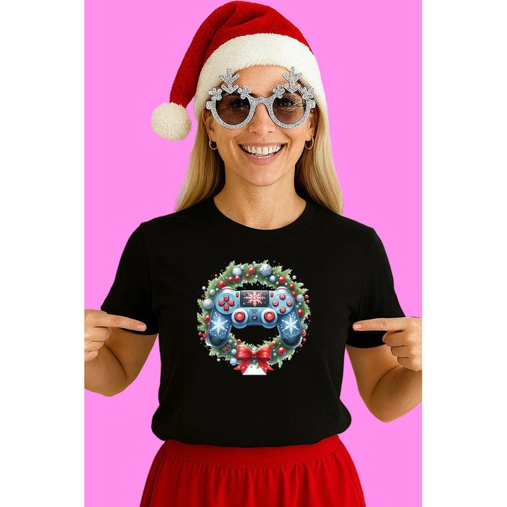 Tricou Controller Albastru In Coronita De Brad Craciun, Dama, 100% Bumbac, Cri-Flo, Culoare Negru, Marime XS