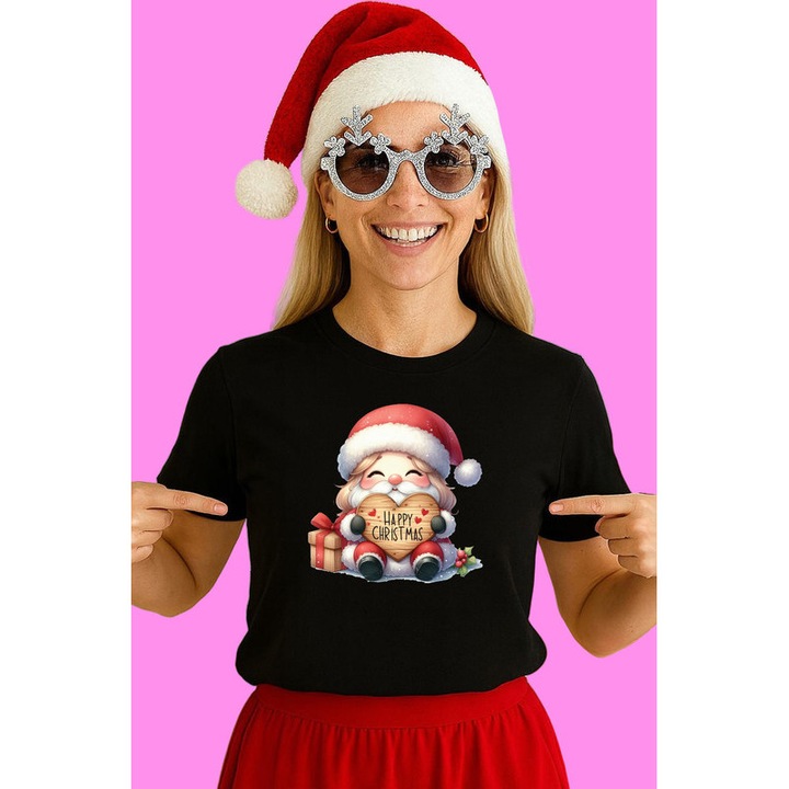 Tricou Fetita Imbracata De Craciun Cu Mesaj Happy Christmas Craciun, Dama, 100% Bumbac, Cri-Flo, Culoare Negru, Marime XL