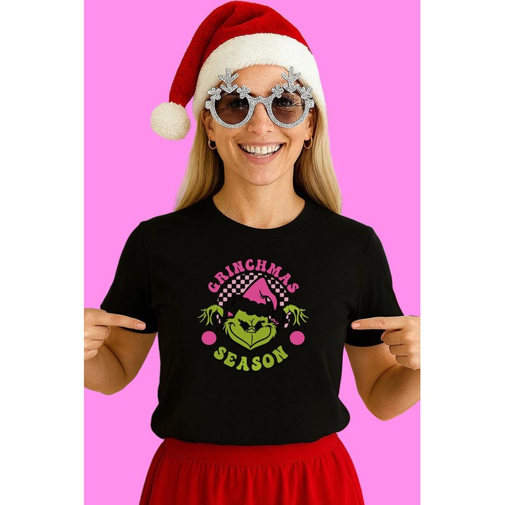 Tricou Grinch Cu Caciula Roz Si Text Grinchmas Season Craciun, Dama, 100% Bumbac, Cri-Flo, Culoare Negru, Marime S