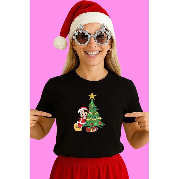 Tricou Mickey Cu Brad Impodobit Craciun, Dama, 100% Bumbac, Cri-Flo, Culoare Negru, Marime XL