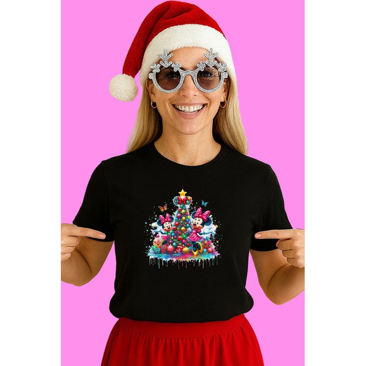 Tricou Mickey Si Minnie Acuarela Cu Brad Craciun, Dama, 100% Bumbac, Cri-Flo, Culoare Negru, Marime M