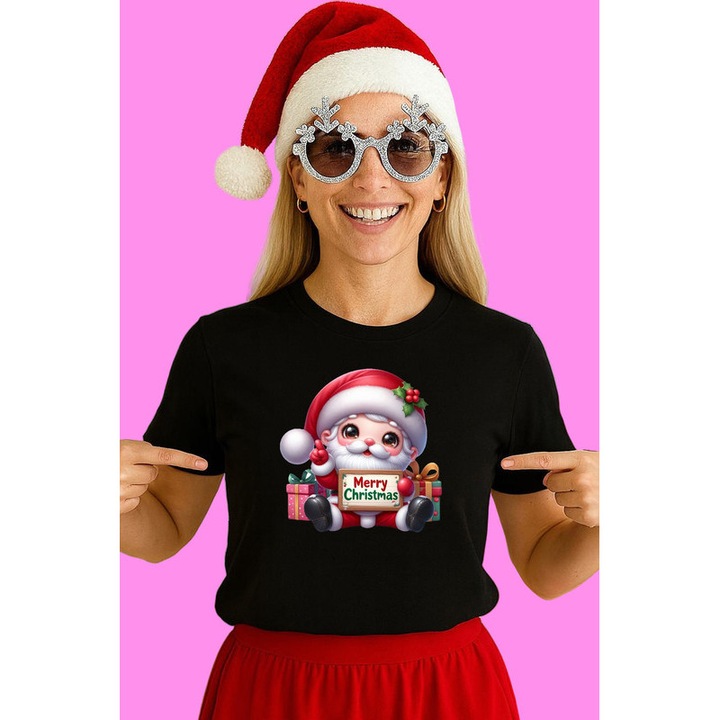 Tricou Mos Craciun Bebe Cu Mesaj Merry Christmas Craciun, Dama, 100% Bumbac, Cri-Flo, Culoare Negru, Marime XL