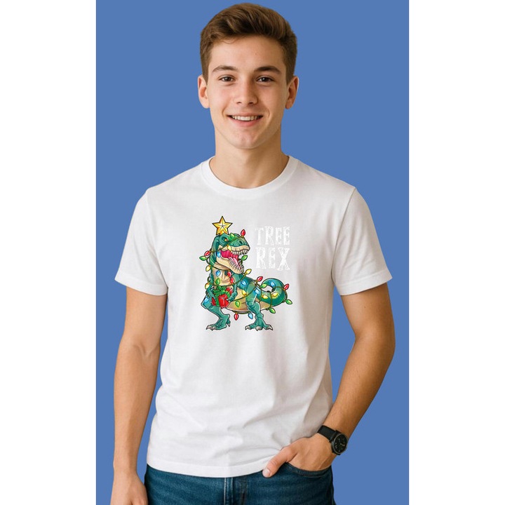 Tricou Dinozaur Verde Cu Brad Decorat Craciun, Barbat, 100% Bumbac, Cri-Flo, Culoare Alb, Marime XL