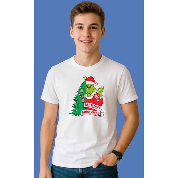 Tricou Grinch Cu Brad Si Text Merry Grinchmas Craciun, Barbat, 100% Bumbac, Cri-Flo, Culoare Alb, Marime XL