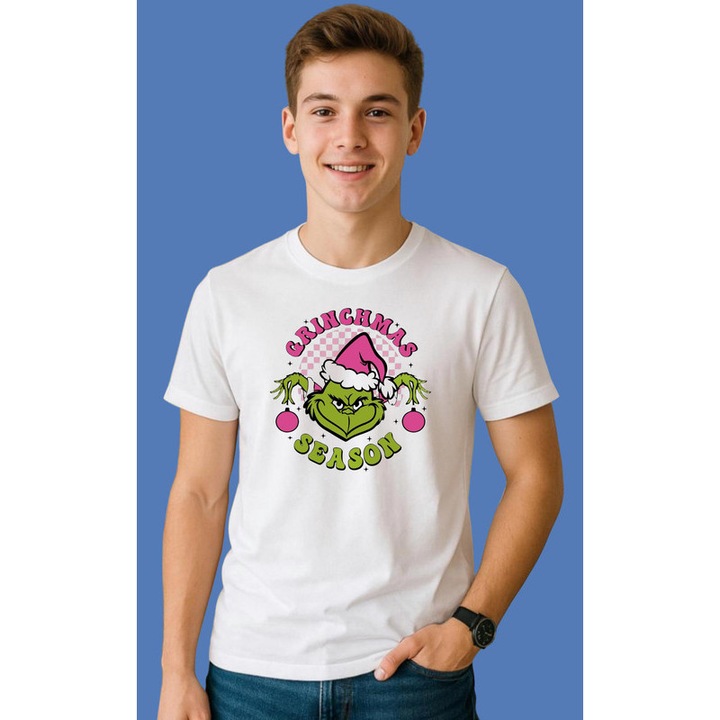 Tricou Grinch Cu Caciula Roz Si Text Grinchmas Season Craciun, Barbat, 100% Bumbac, Cri-Flo, Culoare Alb, Marime L