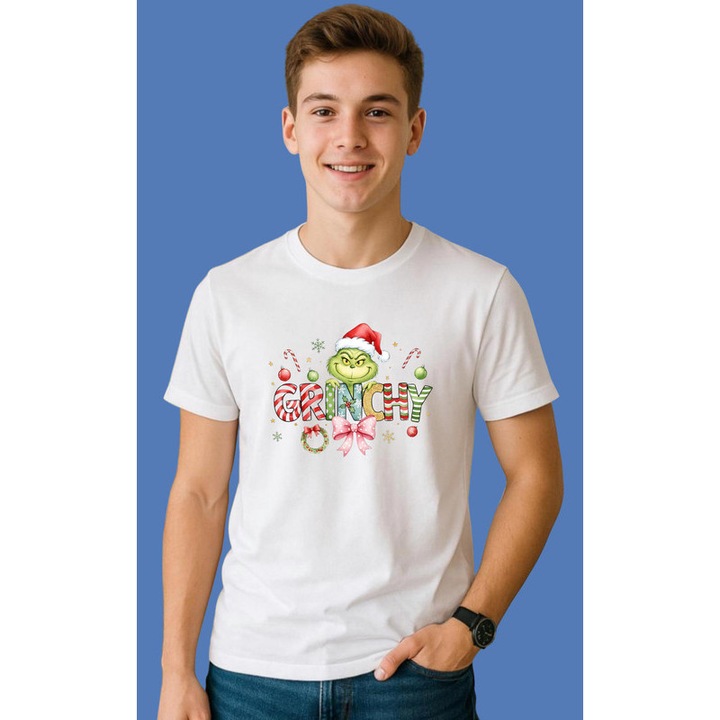 Tricou Grinch Cu Fundita Roz Si Text Grinchy Craciun, Barbat, 100% Bumbac, Cri-Flo, Culoare Alb, Marime XL