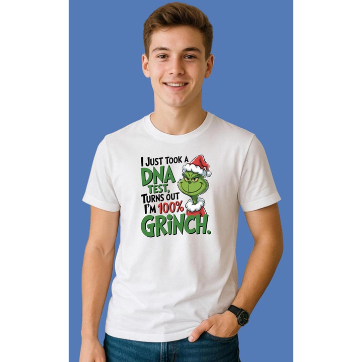 Tricou Grinch Cu Test Dna Si Text 100 Grinch Craciun, Barbat, 100% Bumbac, Cri-Flo, Culoare Alb, Marime M