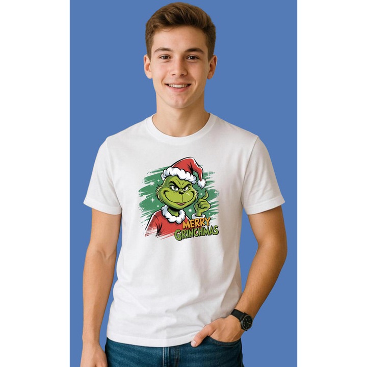 Tricou Grinch Cu Text Merry Grinchmas Craciun, Barbat, 100% Bumbac, Cri-Flo, Culoare Alb, Marime XL