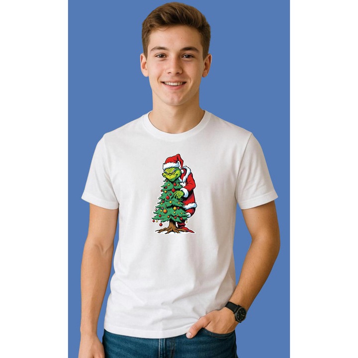 Tricou Grinch Decorand Bradul Craciun, Barbat, 100% Bumbac, Cri-Flo, Culoare Alb, Marime 3XL