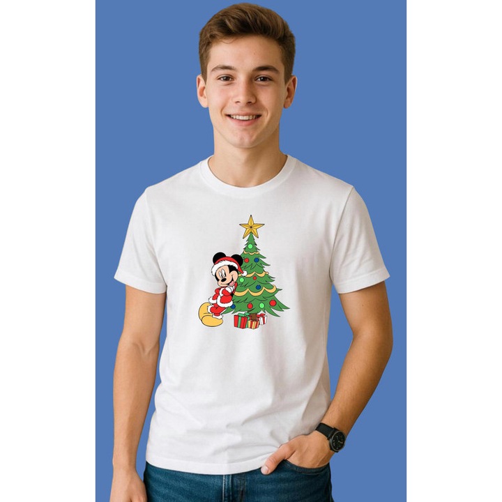 Tricou Mickey Cu Brad Impodobit Craciun, Barbat, 100% Bumbac, Cri-Flo, Culoare Alb, Marime 2XL