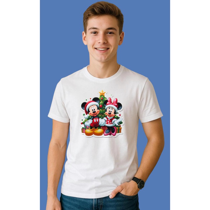 Tricou Mickey Si Minnie Langa Brad Craciun, Barbat, 100% Bumbac, Cri-Flo, Culoare Alb, Marime L