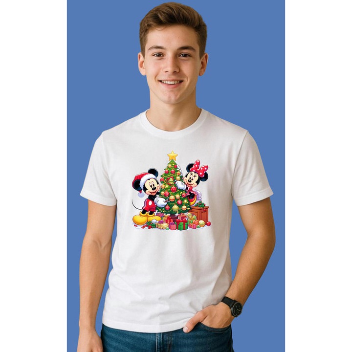 Tricou Mickey Si Minnie Langa Brad Imbodobit Craciun, Barbat, 100% Bumbac, Cri-Flo, Culoare Alb, Marime XL