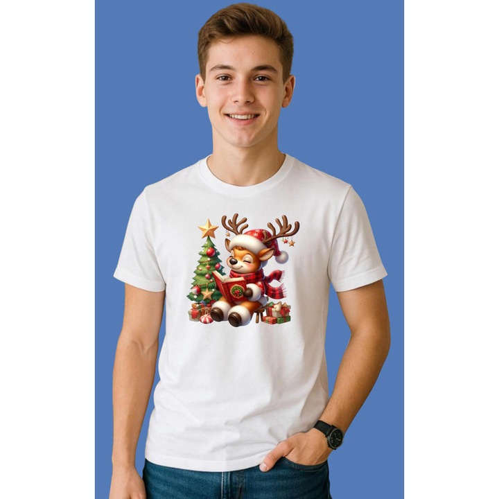 Tricou Pui De Ren Citind Langa Brad Craciun, Barbat, 100% Bumbac, Cri-Flo, Culoare Alb, Marime L