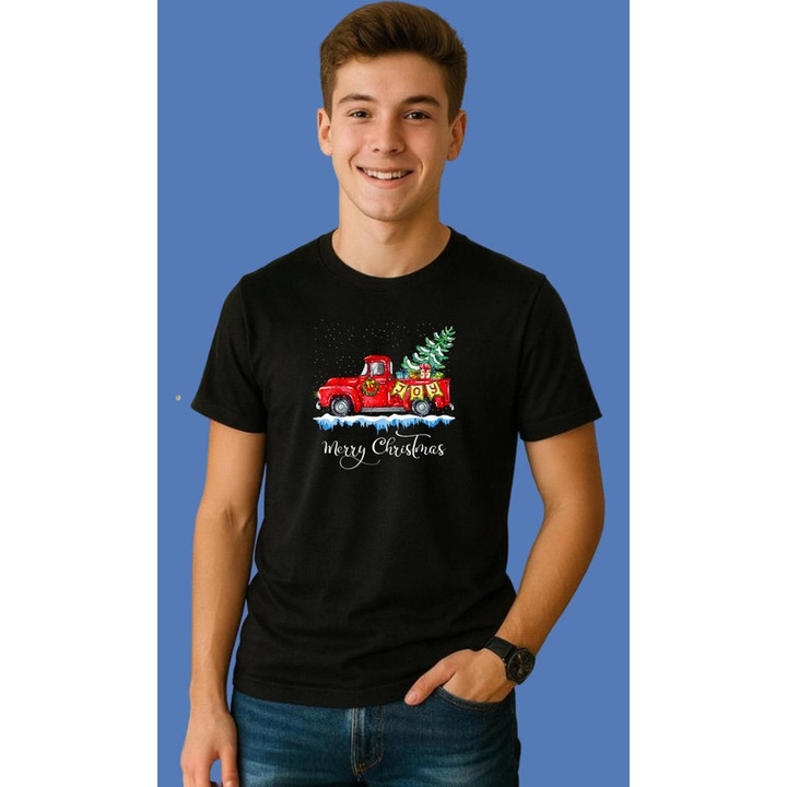 Tricou Camion Rosu Cu Brad Verde Craciun, Barbat, 100% Bumbac, Cri-Flo, Culoare Negru, Marime 2XL