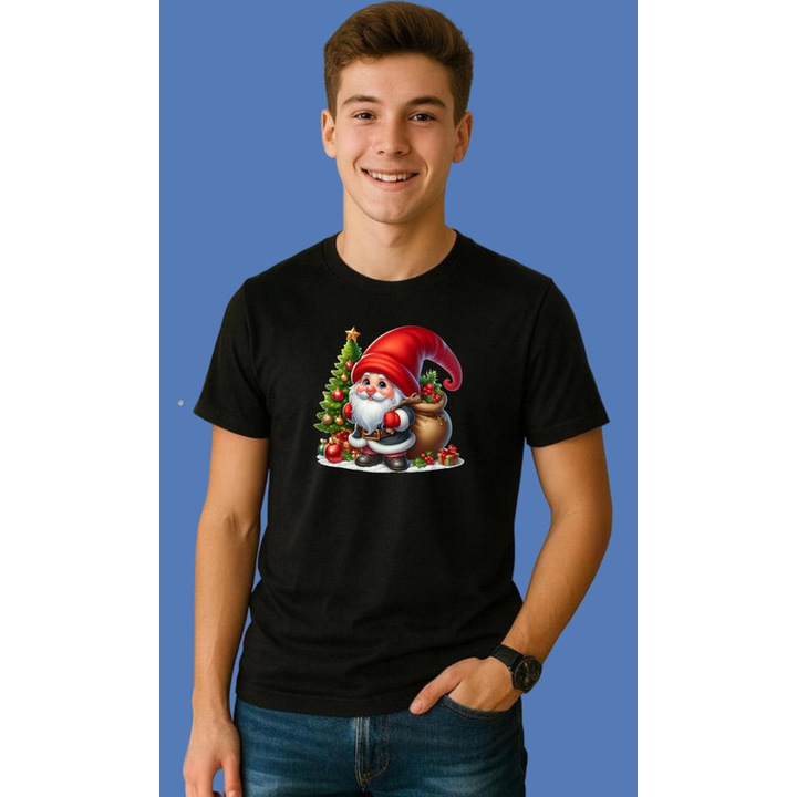 Tricou Gnom Cu Brad Mic Craciun, Barbat, 100% Bumbac, Cri-Flo, Culoare Negru, Marime L