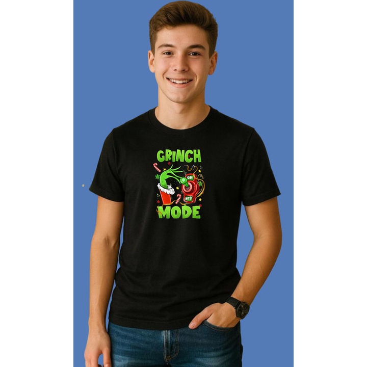 Tricou Grinch Activand Comutatorul On Off Craciun, Barbat, 100% Bumbac, Cri-Flo, Culoare Negru, Marime S