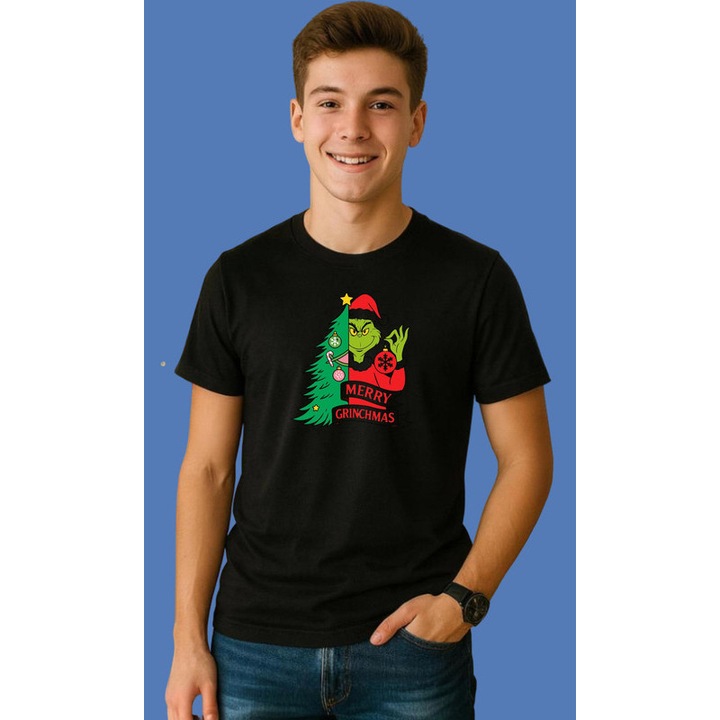Tricou Grinch Cu Brad Si Text Merry Grinchmas Craciun, Barbat, 100% Bumbac, Cri-Flo, Culoare Negru, Marime XL