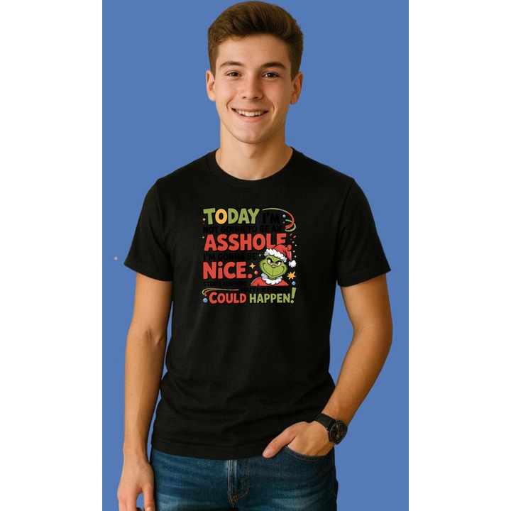 Tricou Grinch Cu Text Today Im Gonna Be Nice Varianta 2 Craciun, Barbat, 100% Bumbac, Cri-Flo, Culoare Negru, Marime XL
