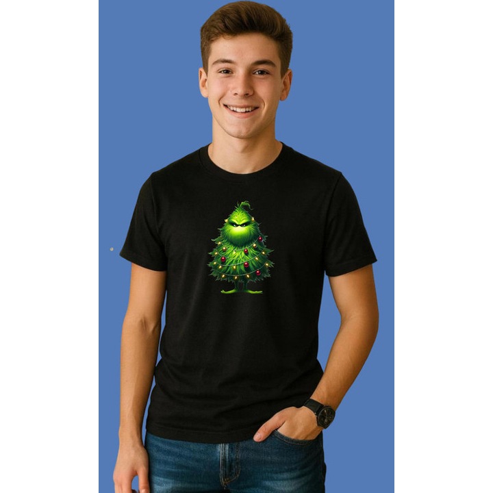 Tricou Grinch Sub Forma De Brad Impodobit Craciun, Barbat, 100% Bumbac, Cri-Flo, Culoare Negru, Marime L