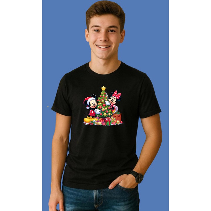Tricou Mickey Si Minnie Langa Brad Imbodobit Craciun, Barbat, 100% Bumbac, Cri-Flo, Culoare Negru, Marime 2XL