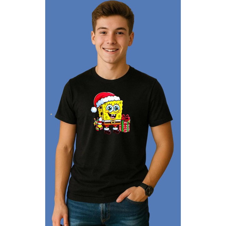 Tricou Spongebob Cu Brad Si Cadouri Craciun, Barbat, 100% Bumbac, Cri-Flo, Culoare Negru, Marime 2XL