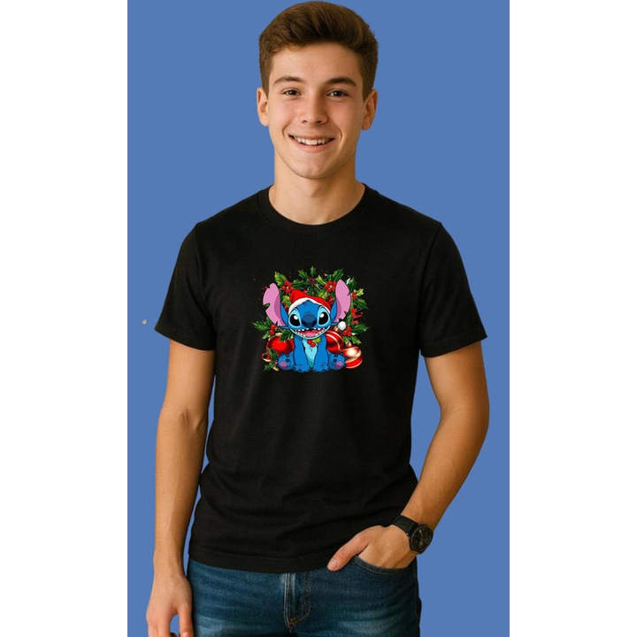 Tricou Stitch In Coronita De Brad Craciun, Barbat, 100% Bumbac, Cri-Flo, Culoare Negru, Marime L