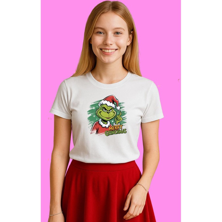 Tricou Grinch Cu Text Merry Grinchmas Craciun, Dama, 100% Bumbac, Cri-Flo, Culoare Alb, Marime XL