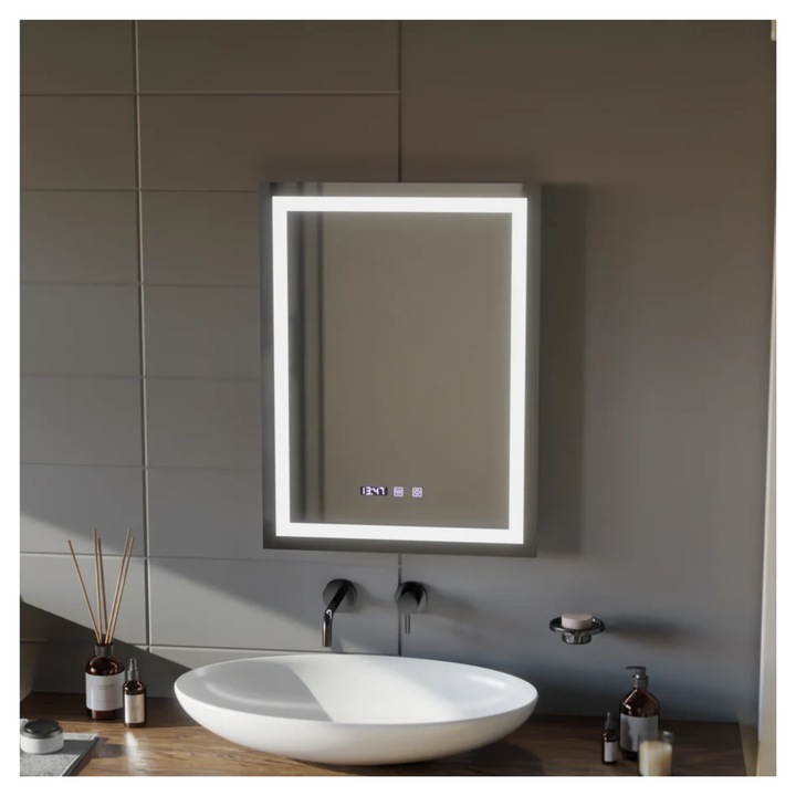 Огледало за баня, LED, OPTIM DEKO, функция против замъгляване, часовник и температура, 60x80 см